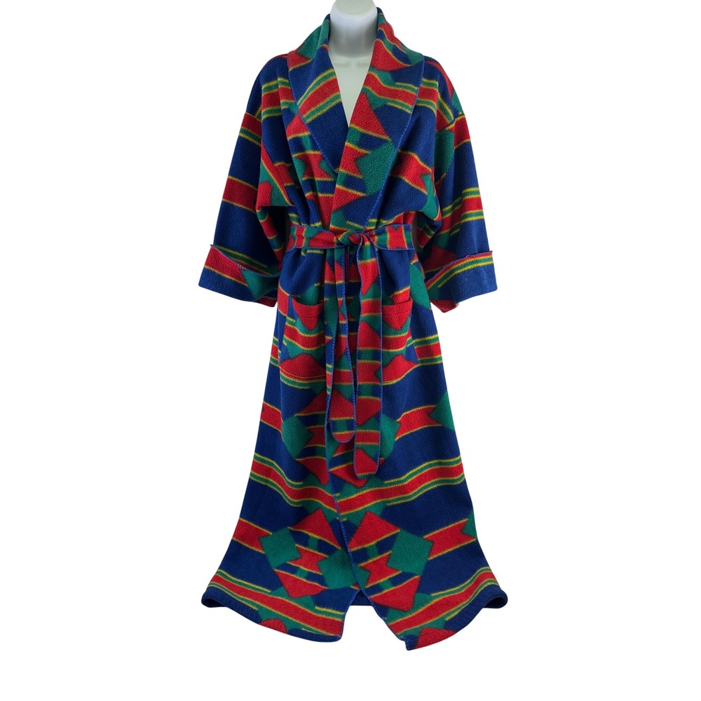 Intimate Moods Robe Blue Southwestern Geometric Fleece Long Belted Womens Medium